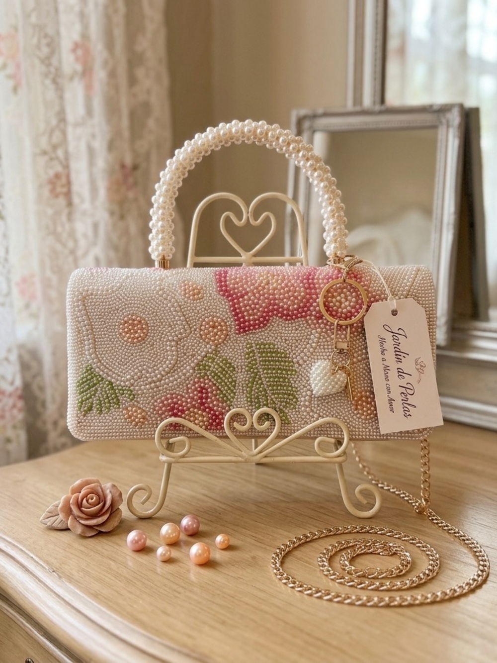 Sincerly Jules Pearl Beaded Floral Top-Handle Bag in Pink and Green
